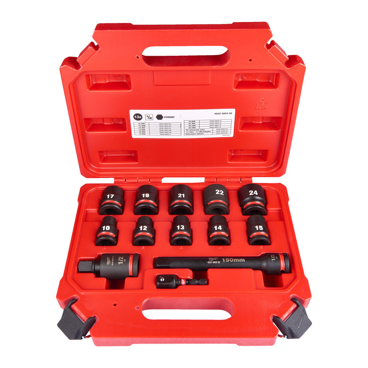 Doppenset SHOCKWAVE 1/2 (10/12/13/14/15/17/19/21/22/24, Kruiskoppeling 15°, Adapter ¼" HEX naar ½" vierkant, Verlengstuk 150 mm)