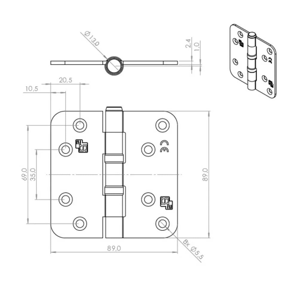 S2 kogellagerscharnier 6512 89x89x2.4 silverlook rechthoekig