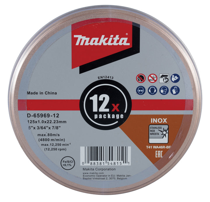 Makita doorslijpschijf RVS 125 x 1,0 12 stuks in metalen box