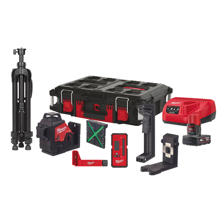 M12 3PLKIT-401P driedimensionale laser met 3 groene 360° laser cirkels kit (1x 4 AH accu en lader)