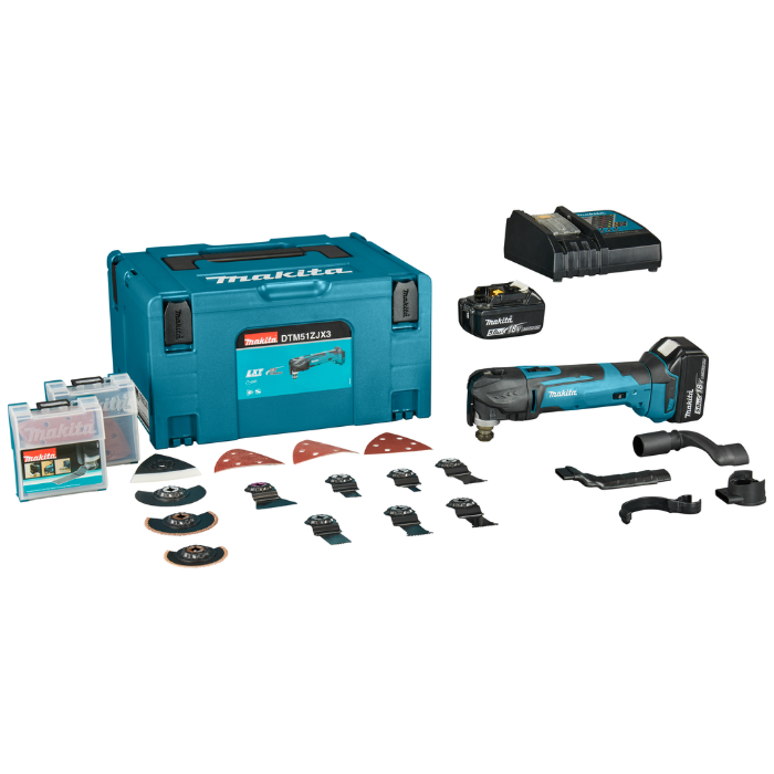 Makita DTM51RTJX3 LXT 18 V Multitool 5,0 Ah accu (2 st), snellader, Mbox, acc. set