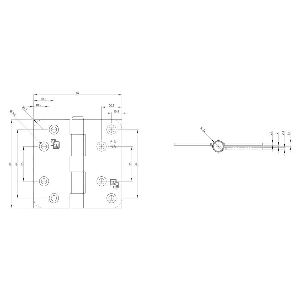 S2 scharnier 6511 89x89x2.4 silverlook rechthoekig