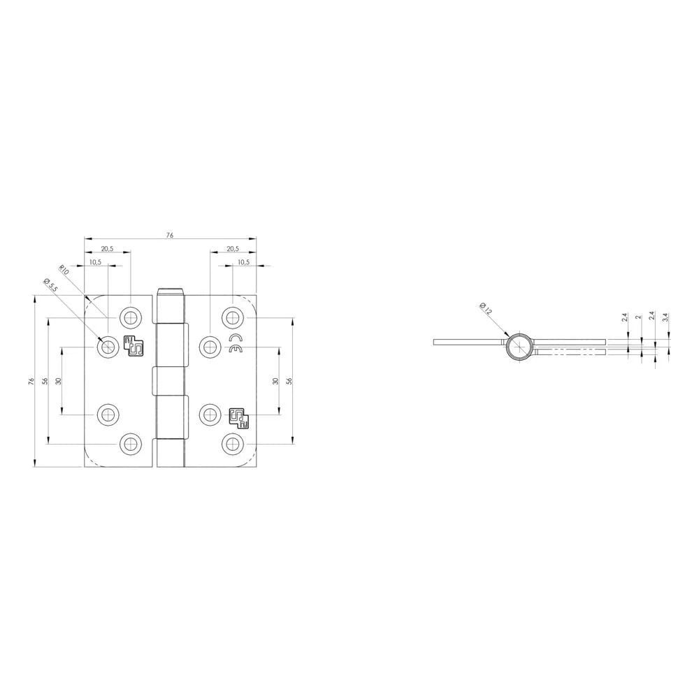 S2 scharnier 6521 76x76x2.4 silverlook rechthoekig