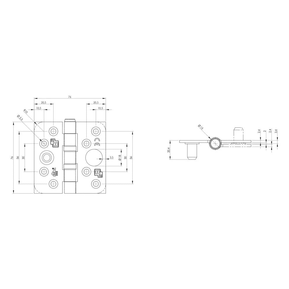 S2 veiligheidskogellagerscharnier 6522 76x76x2.4 silverlook SKG** rechthoekig