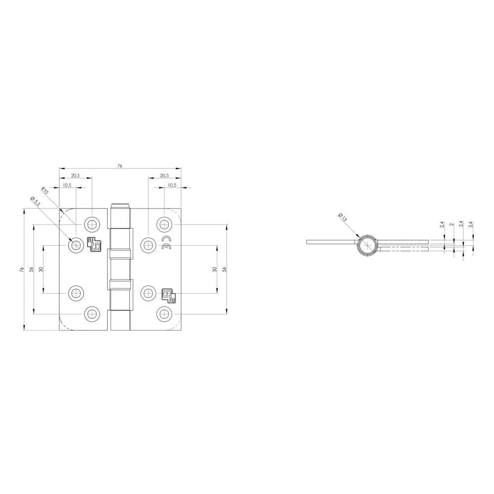 S2 kogellagerscharnier 6522 76x76x2.4 silverlook rechthoekig