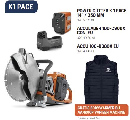 Husqvarna doorslijper K1 PACE 350mm met accu 100-B380 en lader 100-C900
