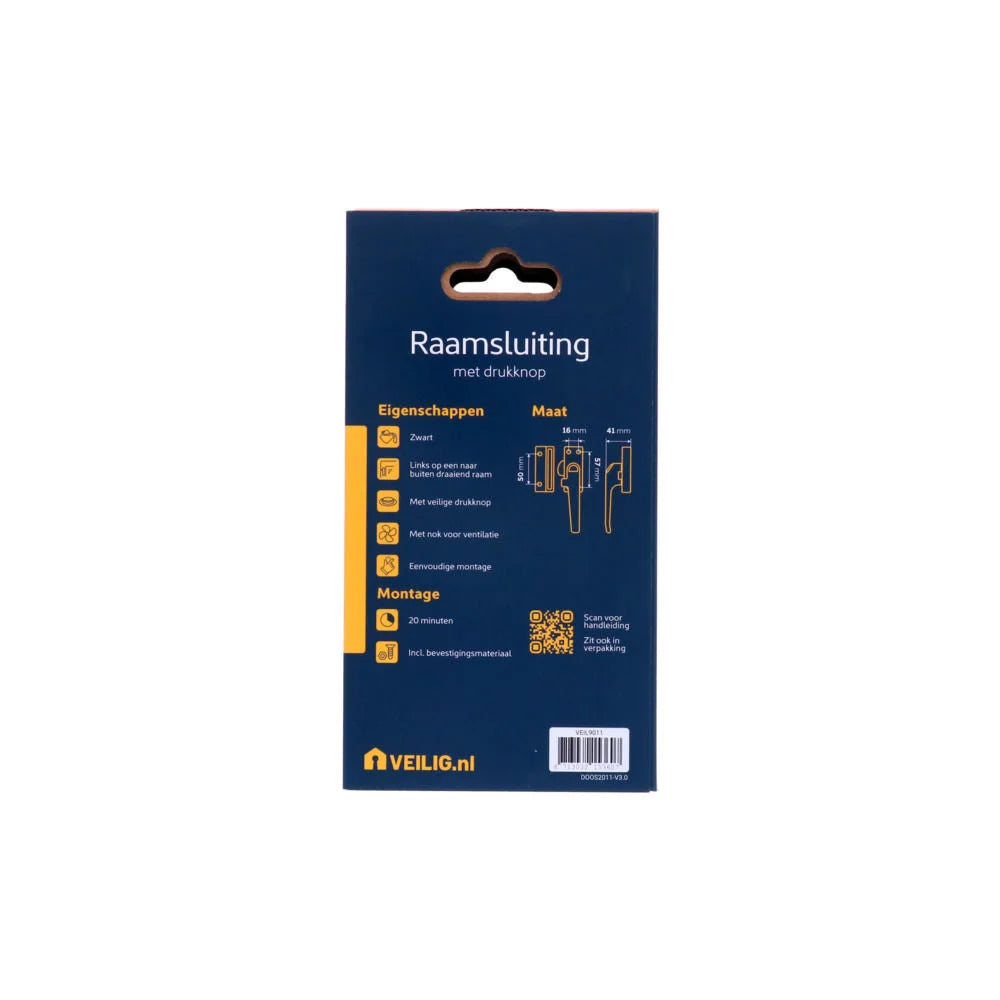 Veilig raamsluiting met drukknop rechts zwart