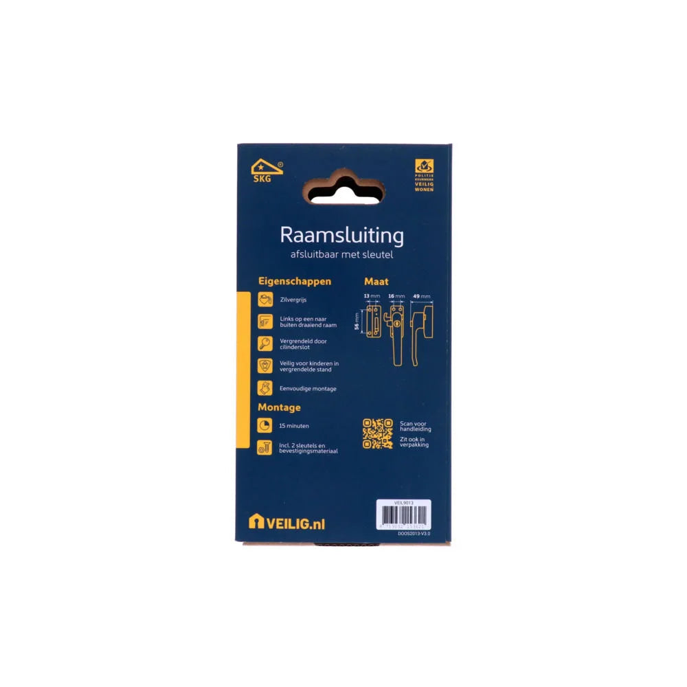 Veilig raamsluiting afsluitbaar met sleutel SKG* rechts grijs