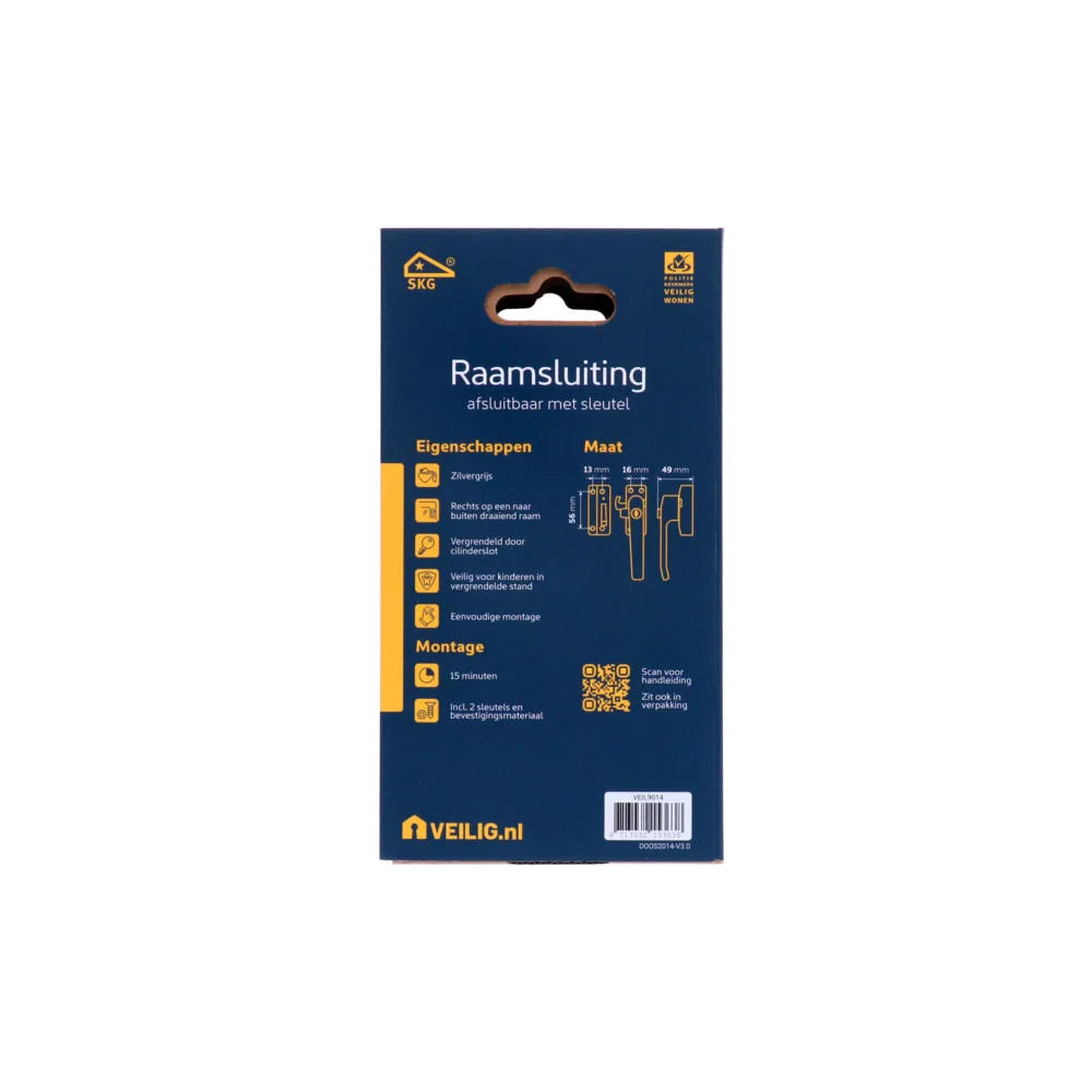 Veilig raamsluiting afsluitbaar met sleutel SKG* links grijs