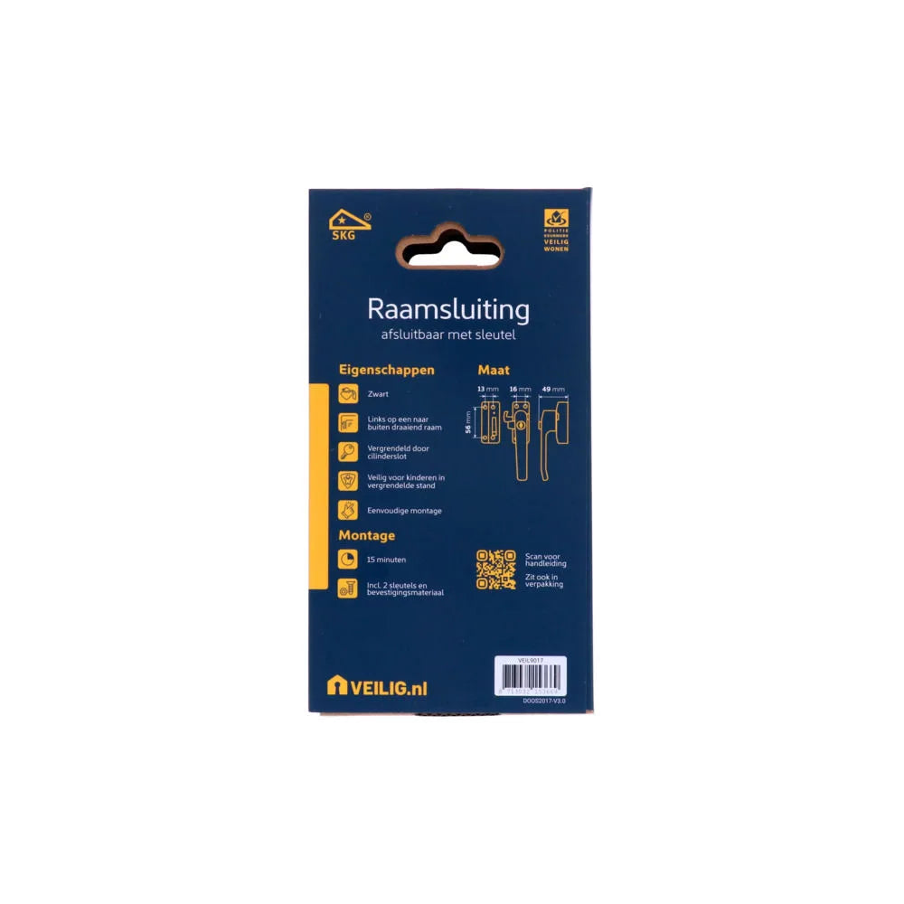 Veilig raamsluiting afsluitbaar met sleutel SKG* rechts zwart