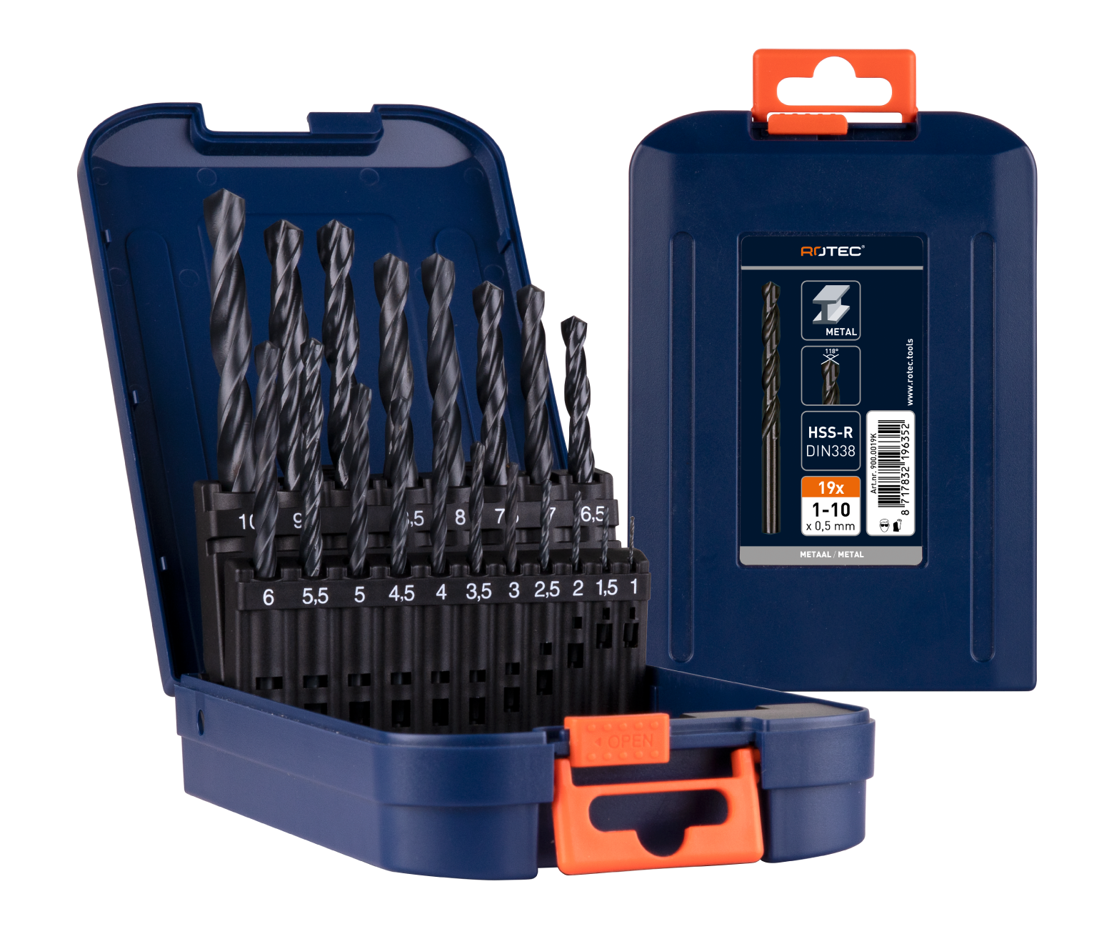 Rotec 19-delig. Spiraalborenset HSS-R type '100' in ABS-cassette