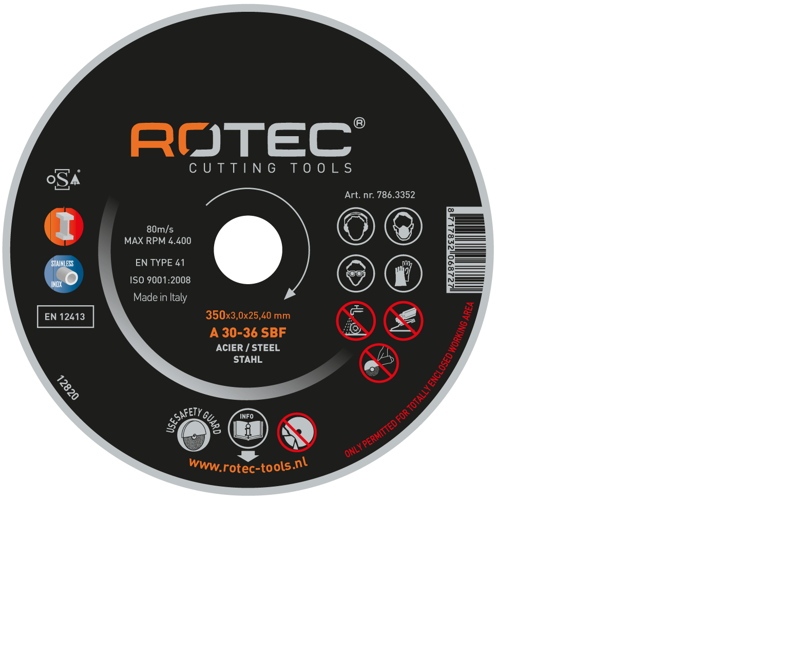 Rotec grote doorslijpschijf t.b.v. Staal 350 x 4mm asgat 20mm