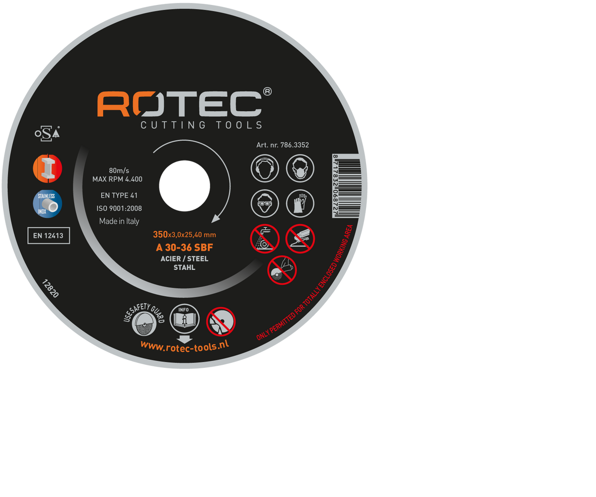 Rotec grote doorslijpschijf t.b.v. Staal 350 x 4mm asgat 20mm