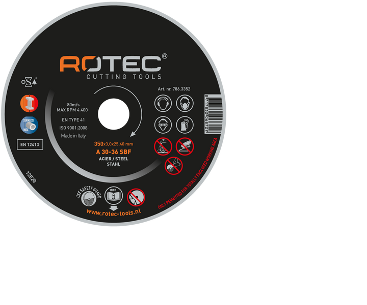 Rotec grote doorslijpschijf t.b.v. Staal 350 x 4mm asgat 25.4mm